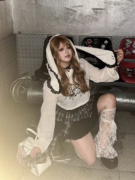 Trim Coverup with Bunny Ears Design White Semi-sheer Lace Plus Black and Size