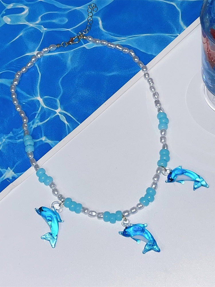 Necklace Blue Pendant Beaded Y2K Dolphin