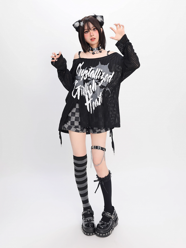 Y2K Slit Black/White Off-the-shoulder Graphic Hem Neckline Coverup