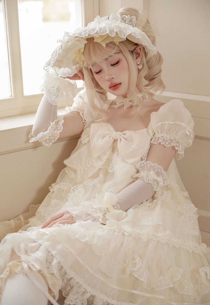 White Embroidered Bow Creamy Lolita Dress Sleeves Big Short Puff Neckline