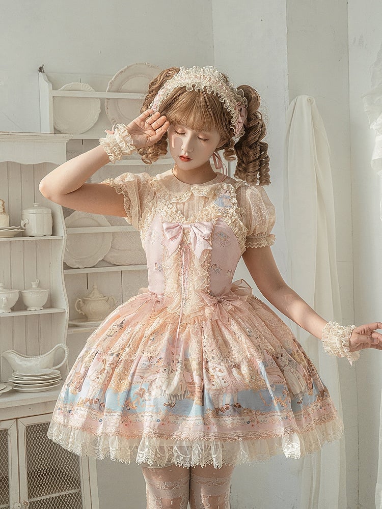 Party Tee Lolita Kitty Mieder Druck Jumper Korsett Kleid Rosa Rock Süße
