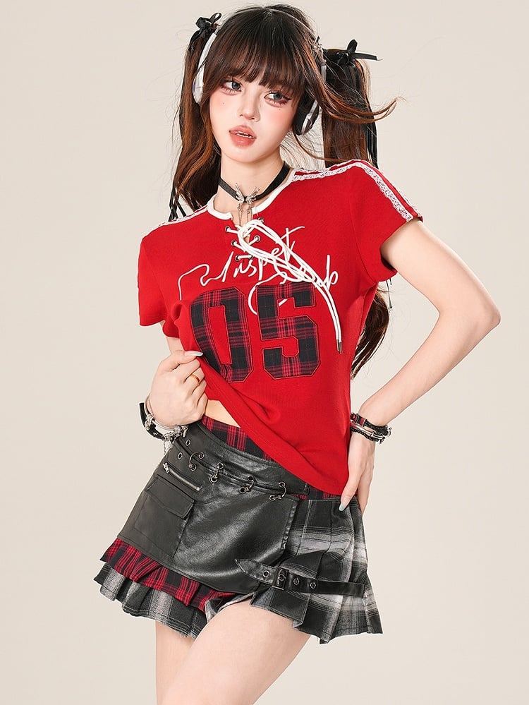 Applique T-shirt Core Plaid Red Detail Lace-up Pattern Trim Blokette Lace Number