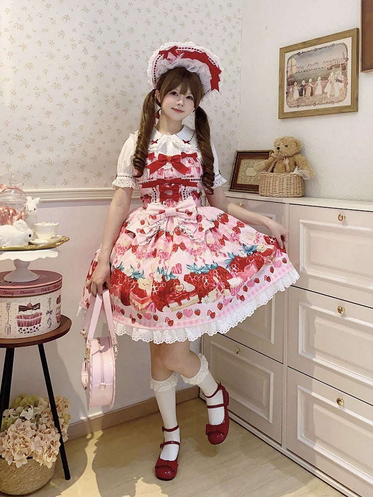 Print Strawberry Dress Pink Dessert and Lolita Sweet
