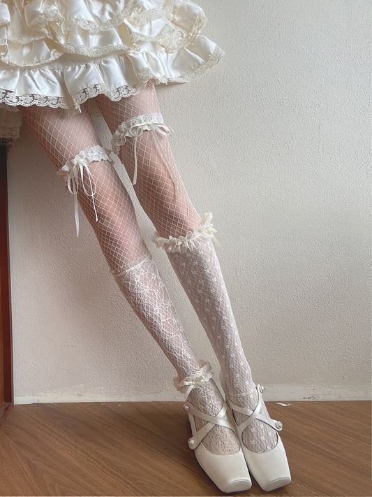 /Lace Ankle Trim Tights/Floral Socks Fishnet Pattern Lace Stockings White Hollow-out Underknee Trims Stockings/Lace