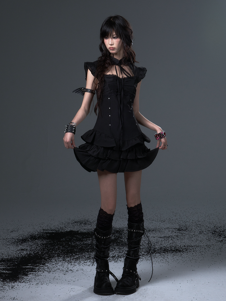 Black Gothic Punk A-Line Puff Dress with Lace Metal Studs