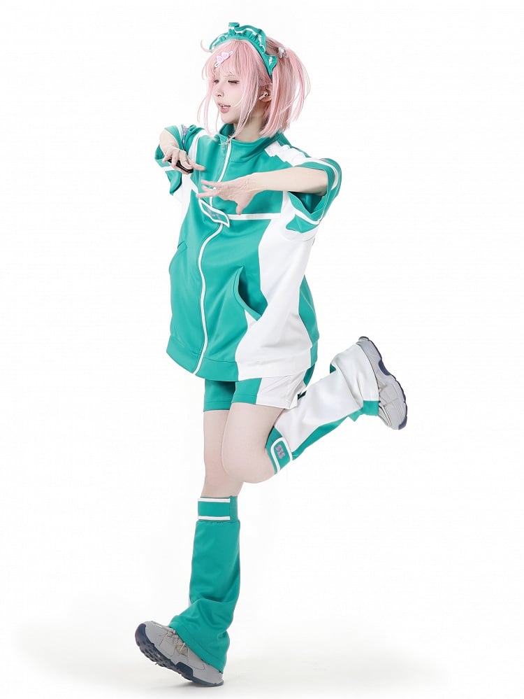 ホワイトカラーブロックデザインのグリーンレッグウォーマー