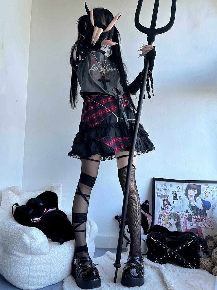 Jirai Black Skirt Lace Trim Idol Plaid Kei Tiered