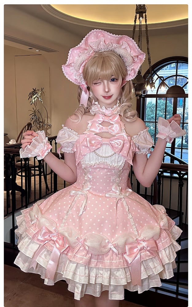 Ärmel Polka und Pink Alt mit Kleid Lolita Akzente Schleife Hals Neckholder Dot Puff Schule