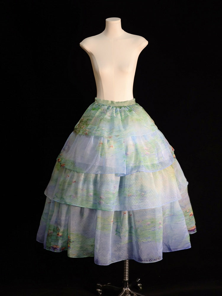 Sky Organza Tiered Skirt Blue/Light Pink/Purple/Green Oil Painting Print