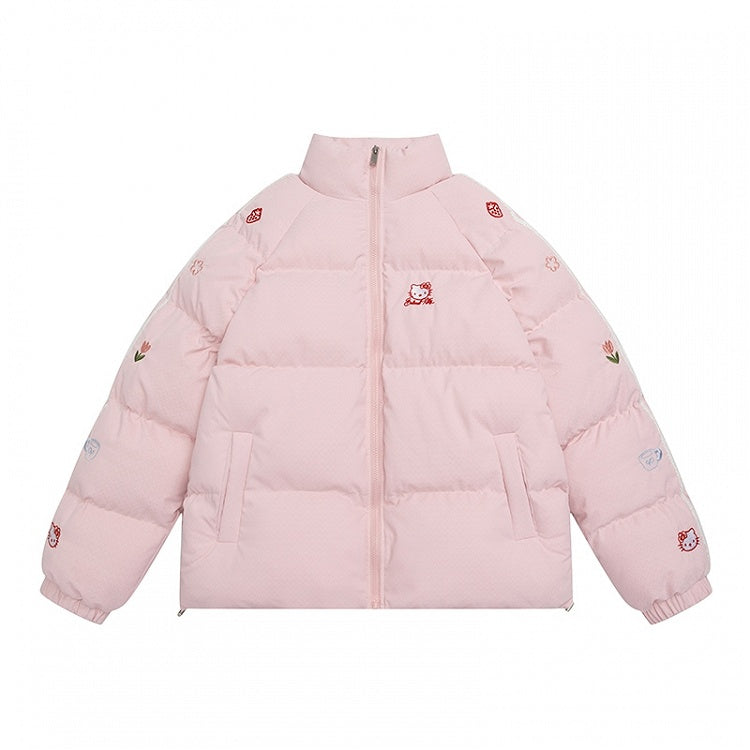 White/Pink Kitties Embroidery High Neck Puffer Jacket