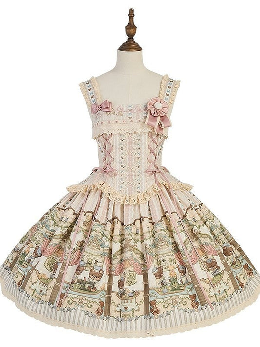 Printed Beige with Corset Square Lolita Sweet Dress Neckline Bear Lacing Pink