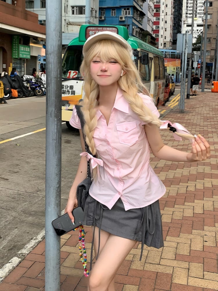 Pleated Skirt Style Preppy Sweet Pink Short Sleeve Shirt/Gray Mini