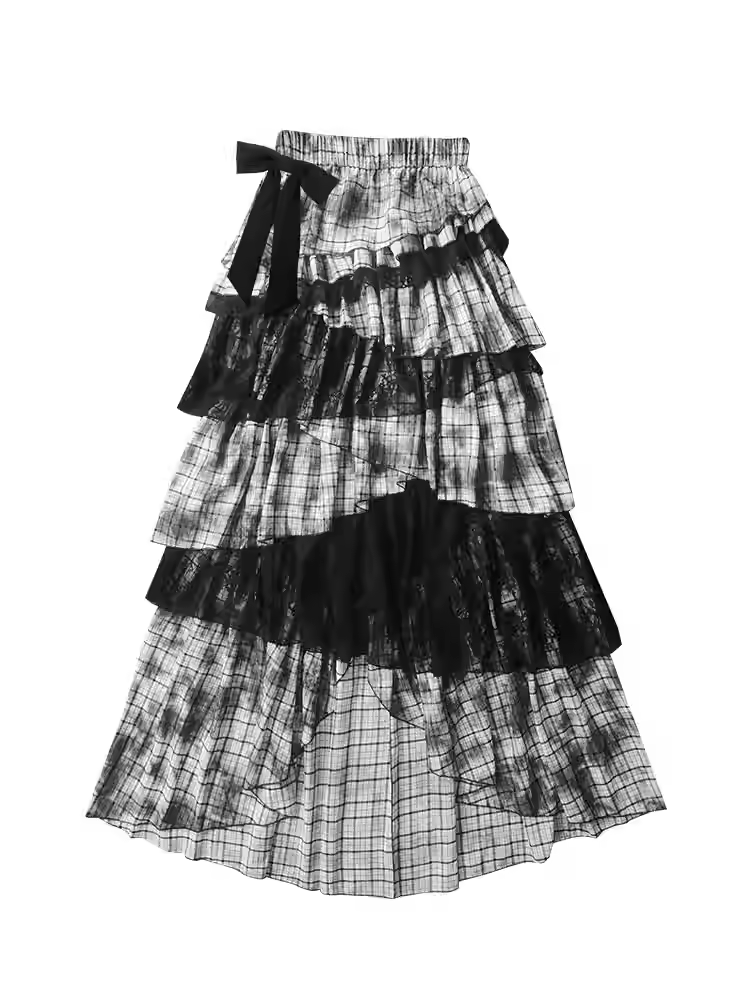 Regular/Long Version Asymmetrical Tiered Plaid Skirt Black Punk