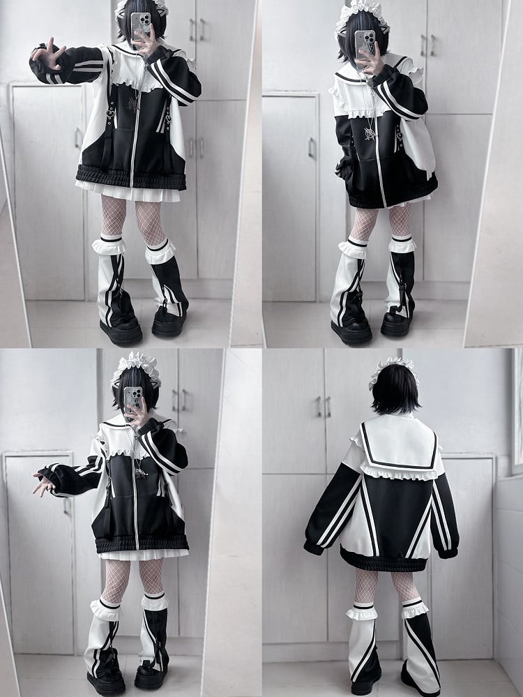 Sailor Zip WhiteBlack Collar Jacket Jirai Sweatshrit Closure Kei