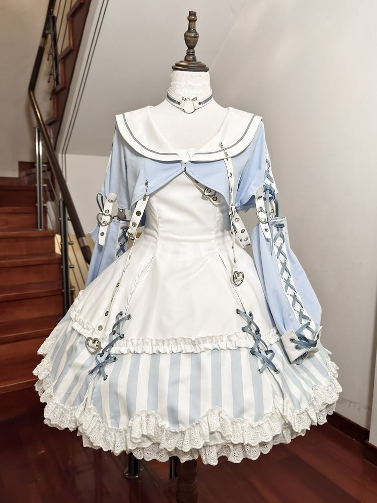 Kitty Light Bow Kaiwai Set Blue JSK Dress Cropped Tenshi Lolita Sailor Striped Big Top Pattern Ears + - Collar