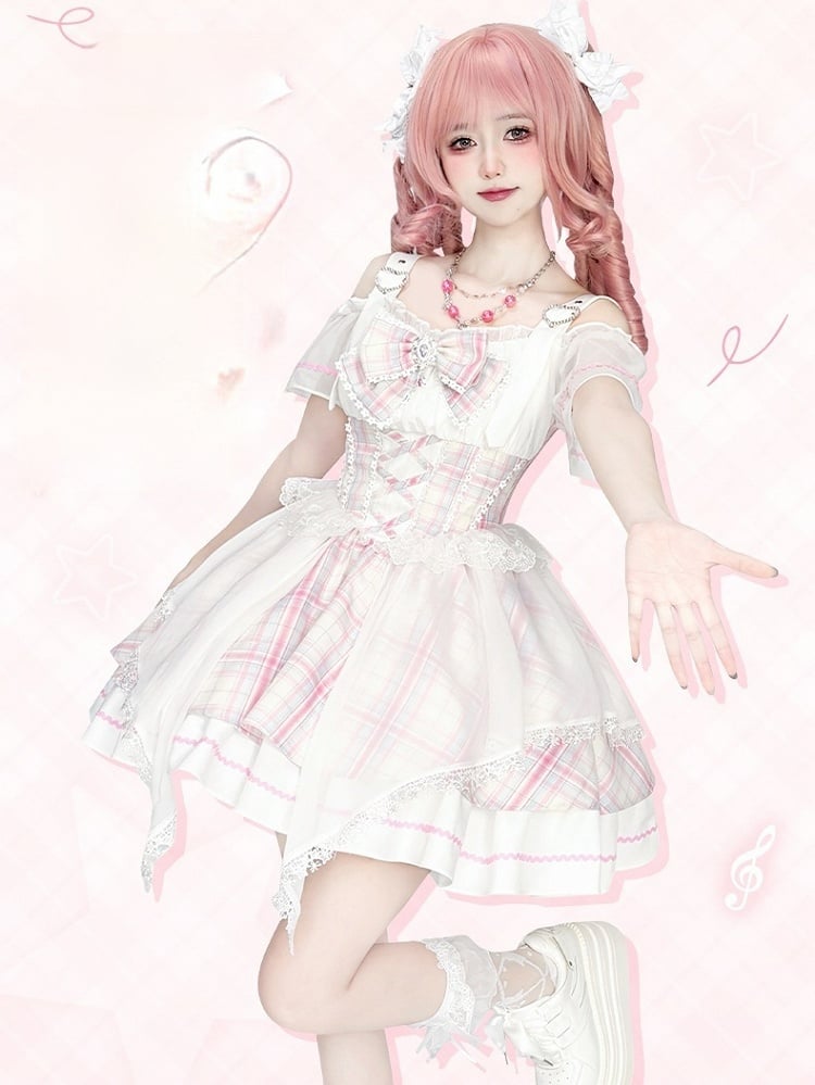 Süßer, schulterfreier Lolita-Pullover mit Idol-Ausschnitt und rosa Karomuster