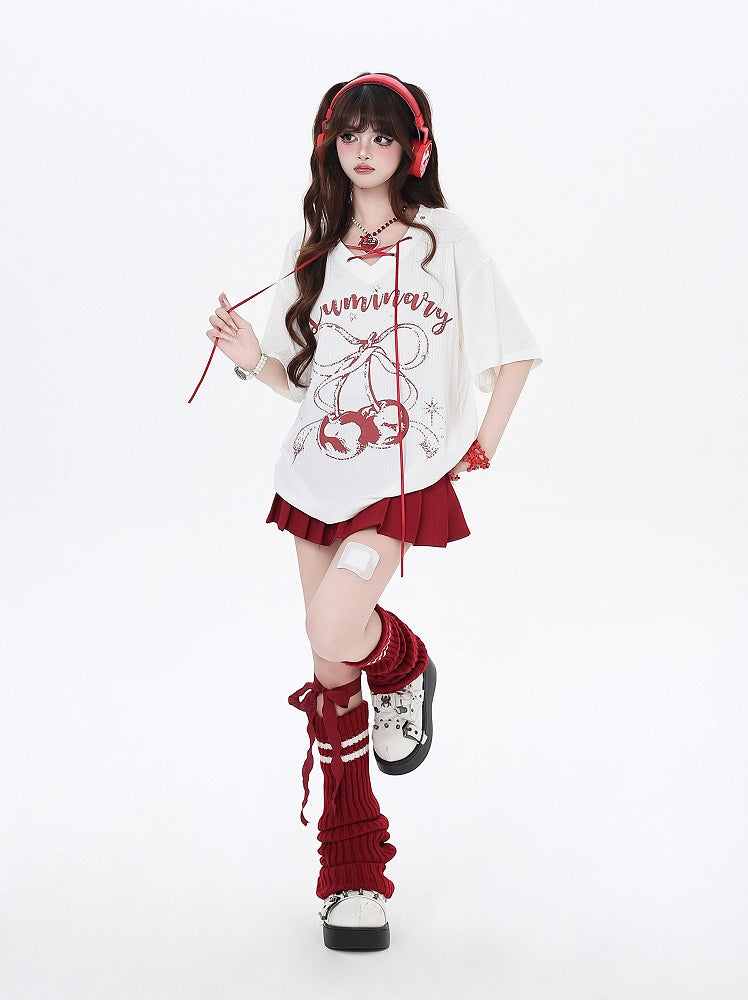 Print T-Shirt with V-Neck Lace-up Neckline Black/White Cherry Detail