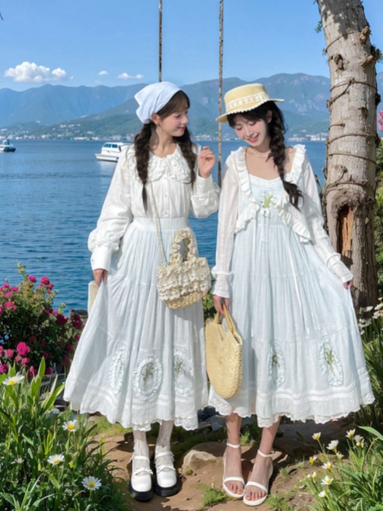 スカート ライトブルー スズラン刺繍 レーストリム カットトン