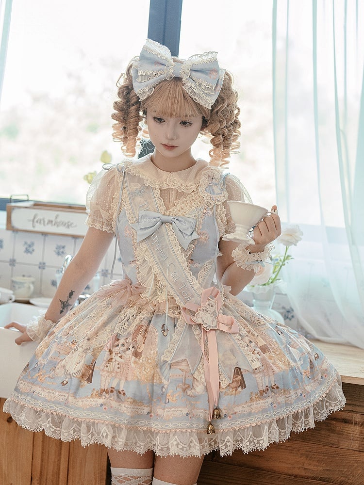 Mieder Full Kitty JSK Tee Korsett Baby Lolita Set Print Süßes blaues Partykleid