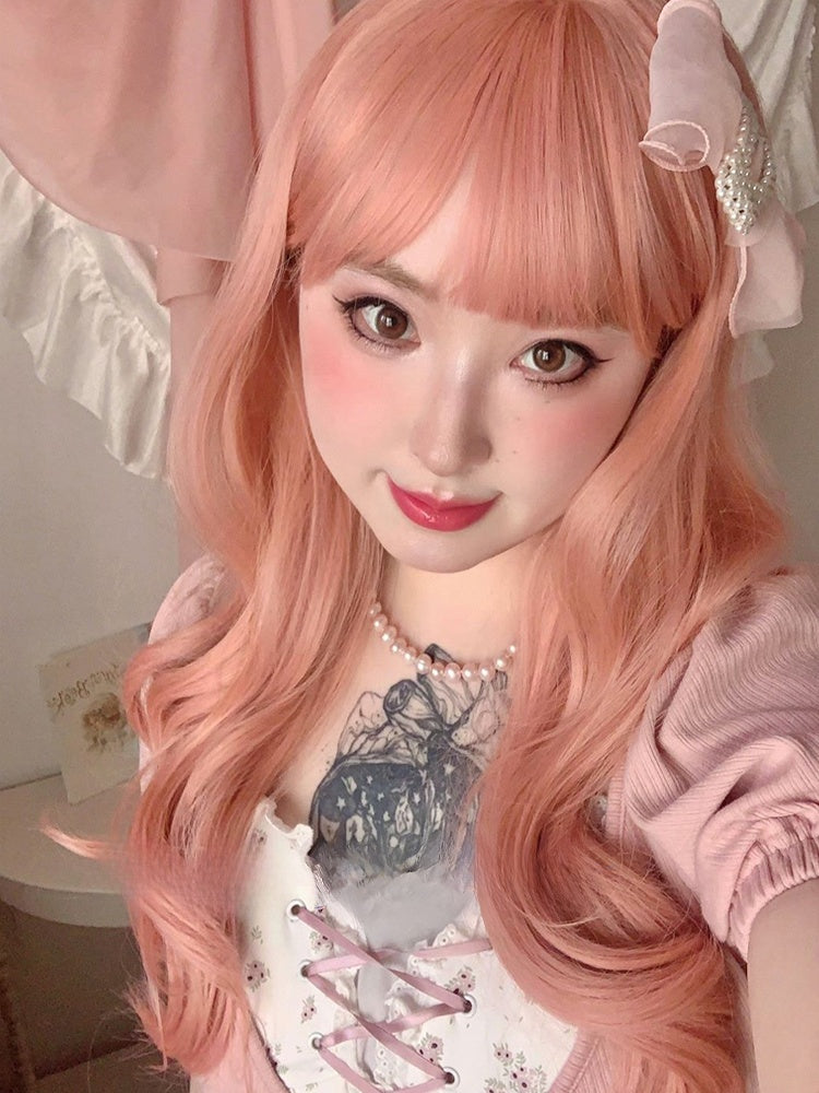 Wavy Pink 65CM Length Air Bangs With Wig