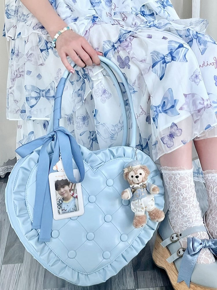 Handbag Heart-Shaped and Quilting Diamond with Blue Lolita Edges Frilly Ruffle
