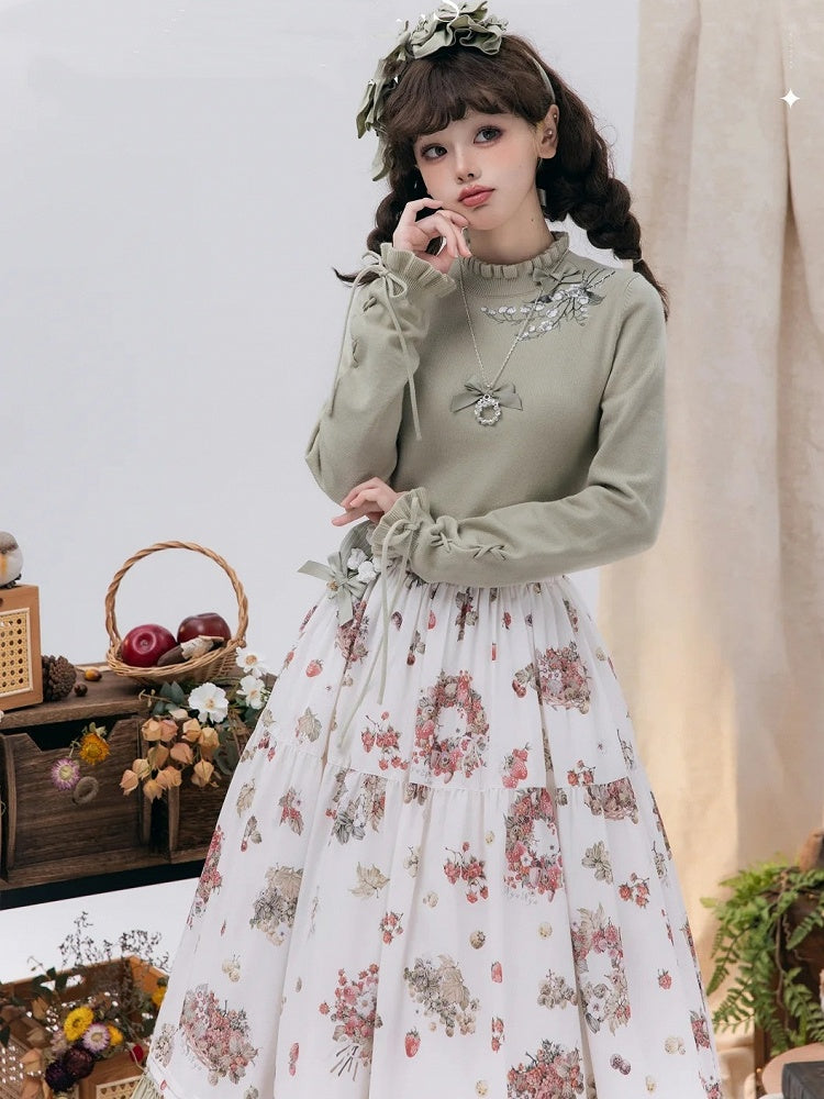 Lace-up Autumn Cuffs the Knit Lily Valley Green of Embroidery Top