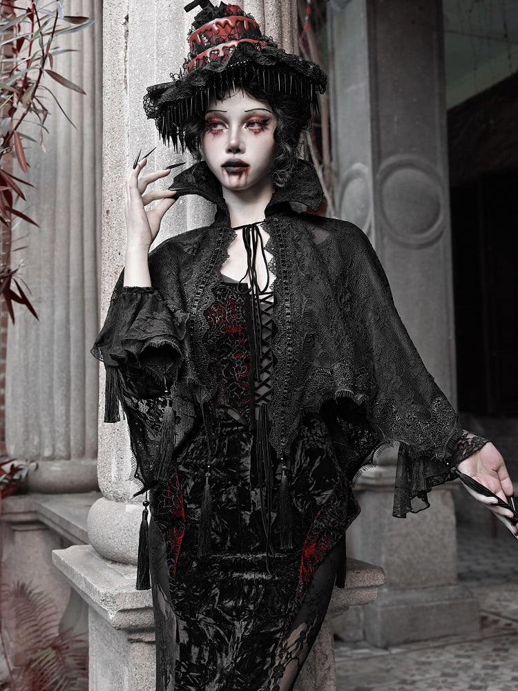 Goth Quasten Saum Spitze Vampir Ständer Schwarz Kragen Cape Schal