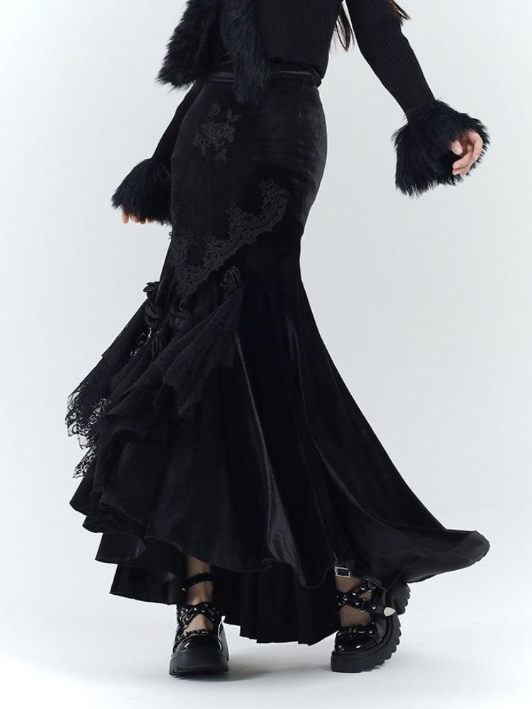 Gothic Black Velvet Rosette Lace Trim High-low Mermaid Skirt