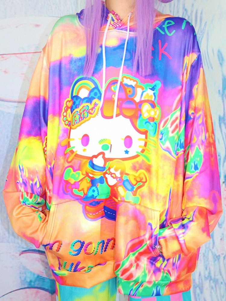 Letter And Y2K Kitty Print Hoodie Orange Fire