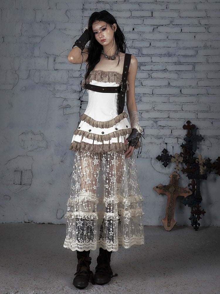 Studded Lace-trimmed Dress with Punk Straps Lace Detachable Overskirt Apricot