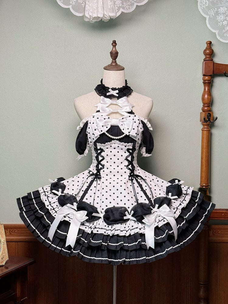 Akzente Schwarz Polka Dots Kleid Old School Schleife Weiß Lolita Neck Halter mit