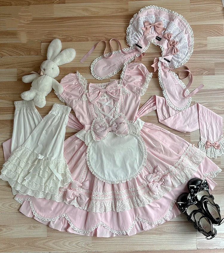 Lolita Piece and Neckline Puff Cotton School Pink Square One Old Short Sleeves Dress