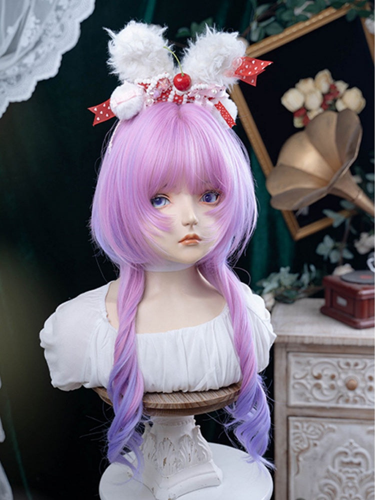 Wig Hime Color Ombre Hair With Bangs Wavy Cut Length 72CM Pink-Purple Air