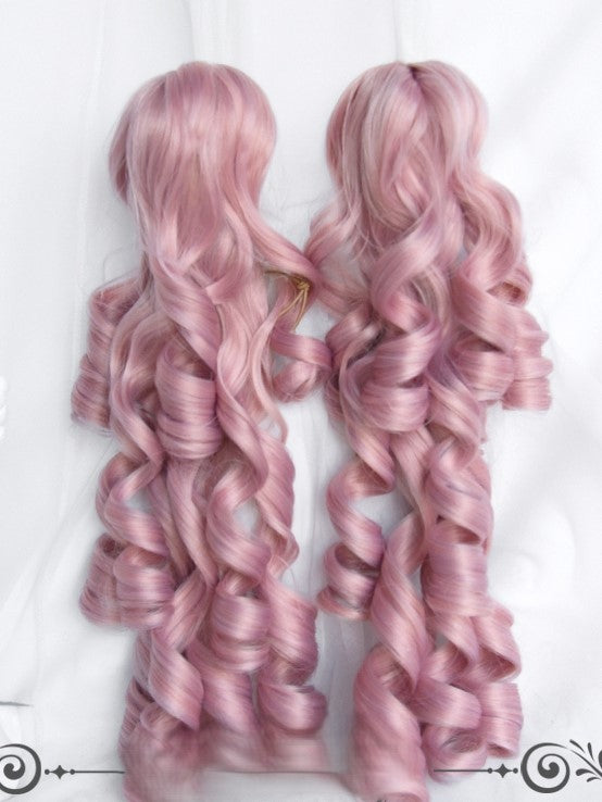With + Clips Wigs Bangs Pink Curly Short Claw Ponytails Two Roman