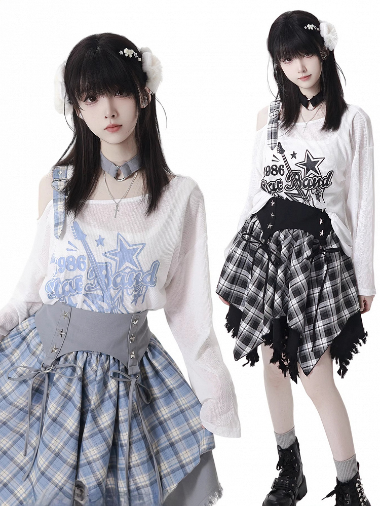 Blue/Black Free with Choker Guitar Print Asymmetrical Neckline Coverup