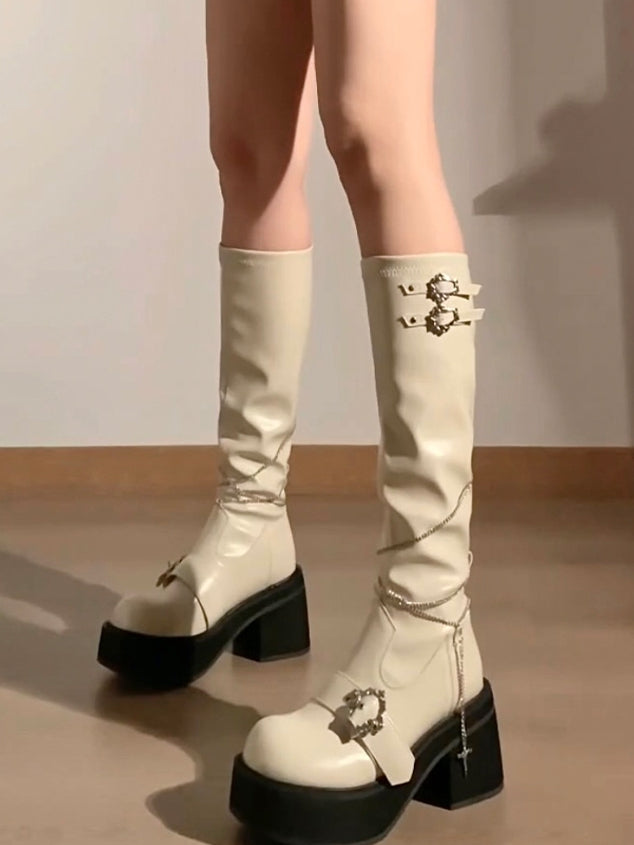 Cross White Buckles Polished Boots Knee-high Platform and Detachable Gothic Chain Coffin with