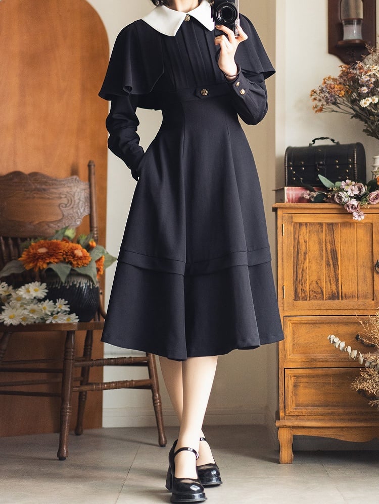 Schwarzes, abnehmbares Cape-Design, elegantes Retro-Schlankheitskleid