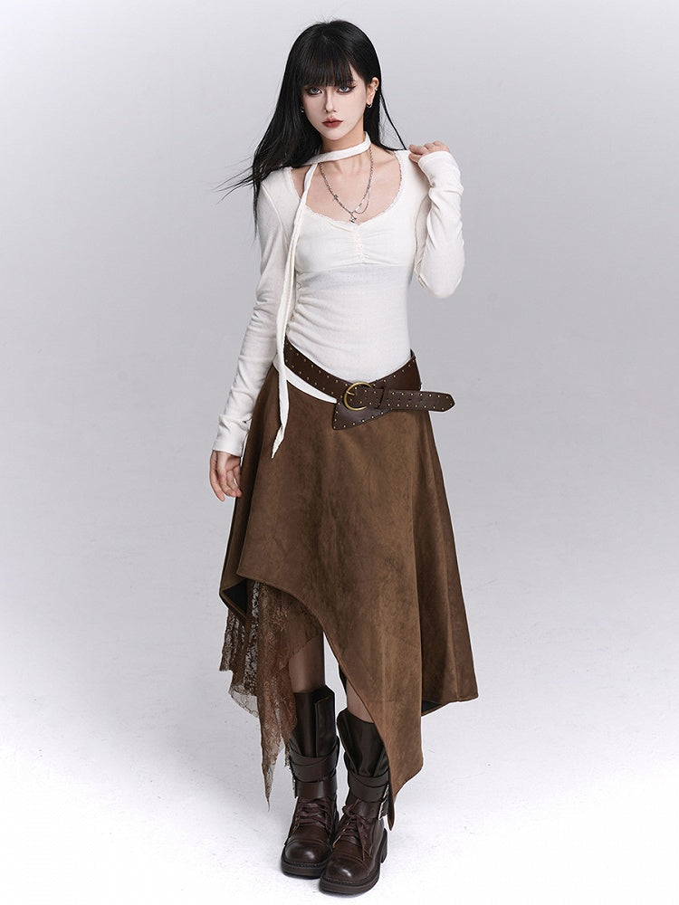 with Fashion Lace Handkerchief Hem Coffee Skirt Details Wasteland Patchwork Millard Suede