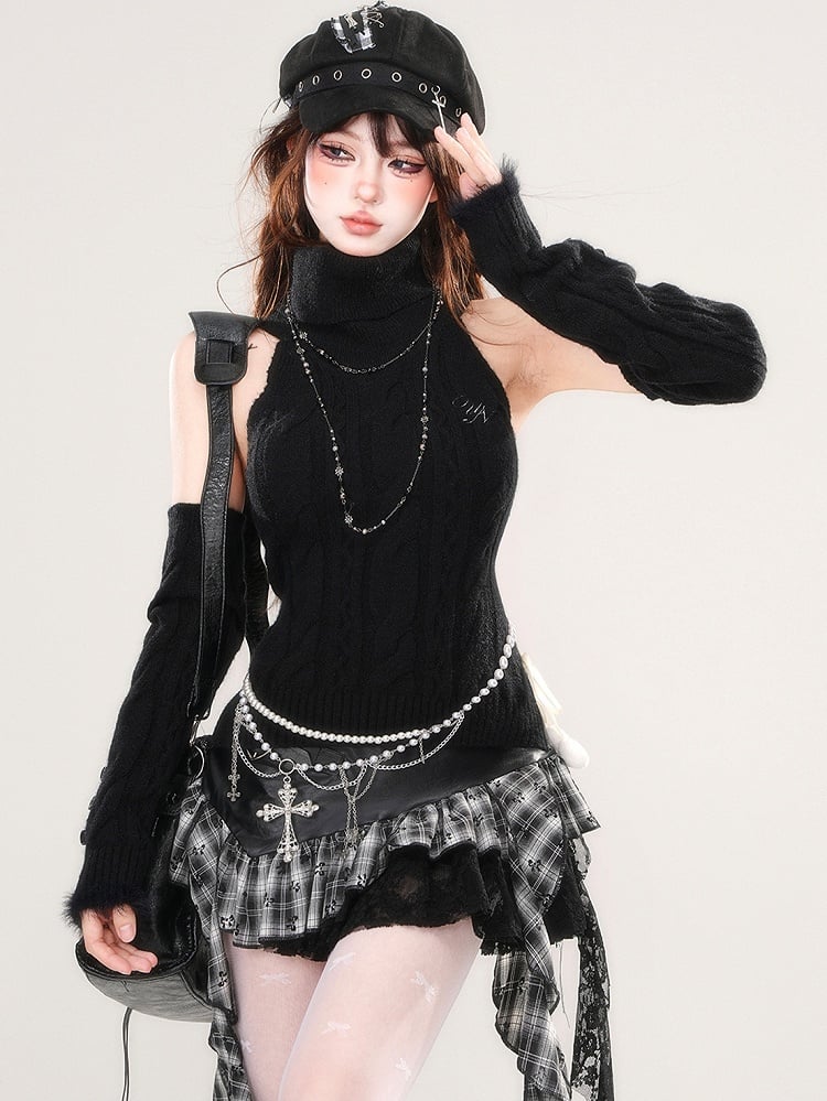 取り外し可能な袖が付いたブラックタートルネックノースリーブスリムフィットセーター