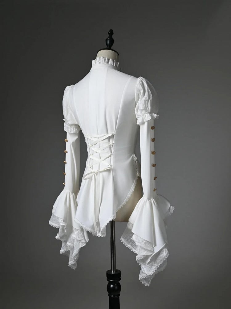 White High-low Long Sleeves Neck Jabot Hem Shirt High Ruffled