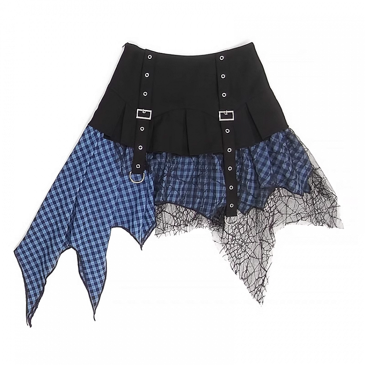 Handkerchief Hem Mesh Patchwork Y2K Black Blue/ White Plaid Skirt Black