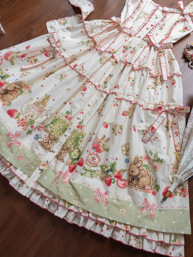 Bunny Lolita Green Dress Print Hemline Fashion House Pink Floral and