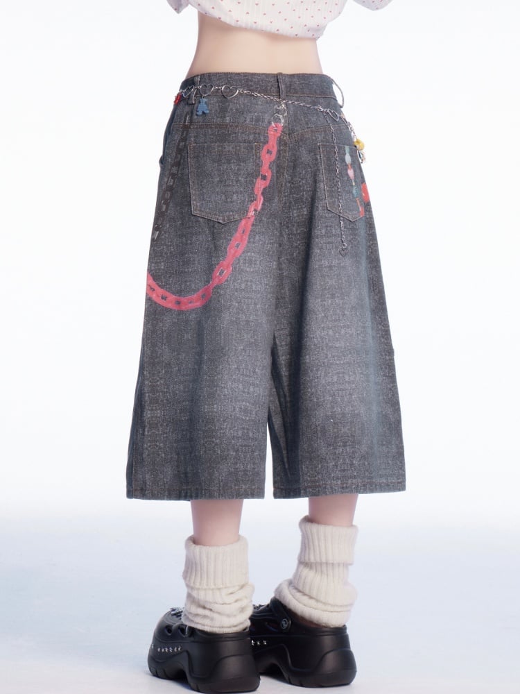 Waist Chains Print Faded Wash Wide-leg Jeans Gray Low