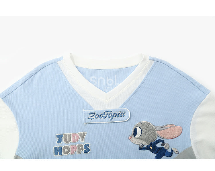 ズートピア ジュディ ブルー Vネック カラーブロック デザイン Tシャツ