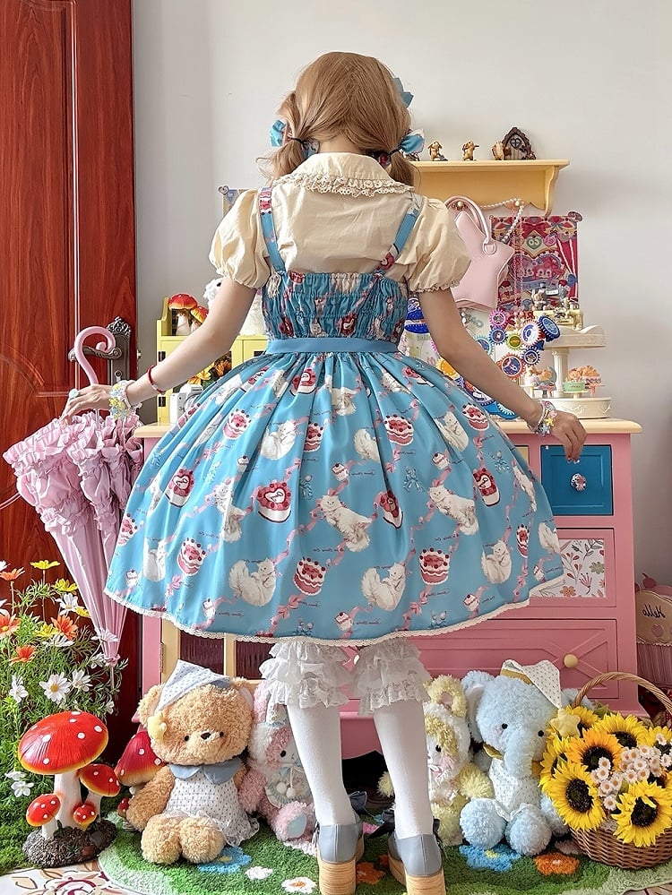 Dress Print Skirt Cute Lolita Jumper Showa Fluffy Kitty Blue Sweet