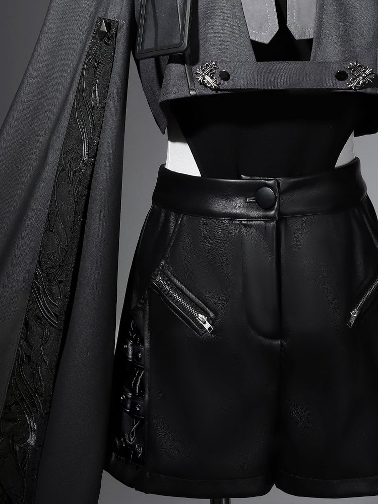 Sleeves XL Overlong Ouji Bodysuit Size Leather Exclusive + Futuristic Shorts Outfit Techwear Black Jacket Cropped Lolita -
