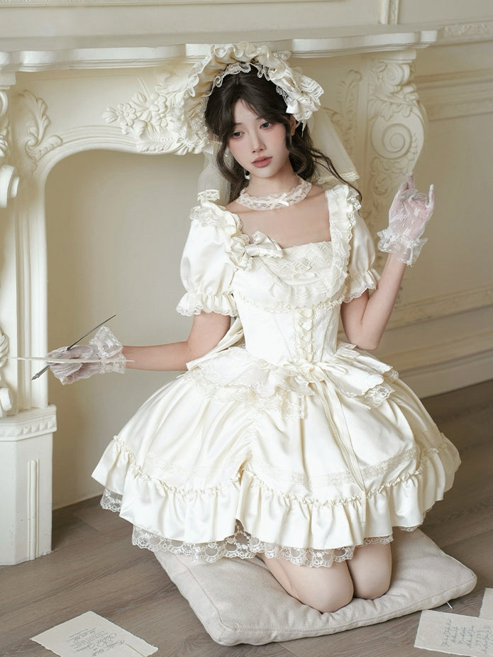 Dress Beige and Sleeves Lolita Elegant Puff Short Neckline Classic Square