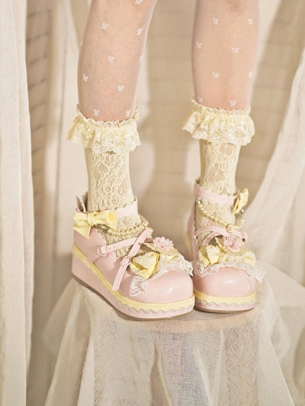 Floral at Platforms Heart Bow Design Beaded Buckle Chain Detachable Pink Lace With Trim Top