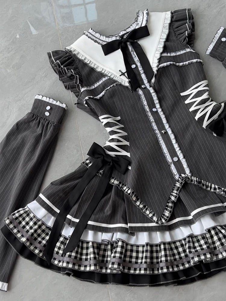 Gothic Lolita Sleeves Striped Flutter Ears Dark Gray Collar Dress at Bunny with Back