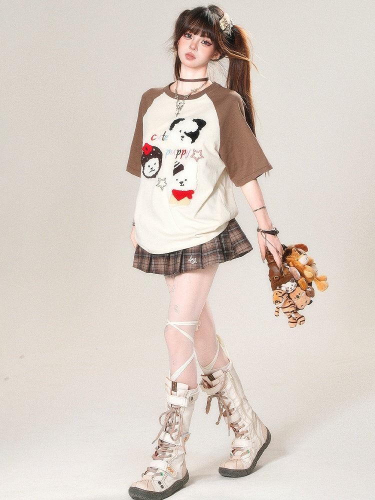 T-shirt Plush Kawaii Beige/Blue Puppy Letter Applique Embroidery Daily